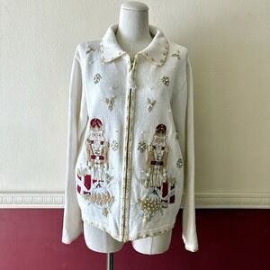Vintage Sarah Bentley embroidered‎ nutcracker zip front Christmas cardigan